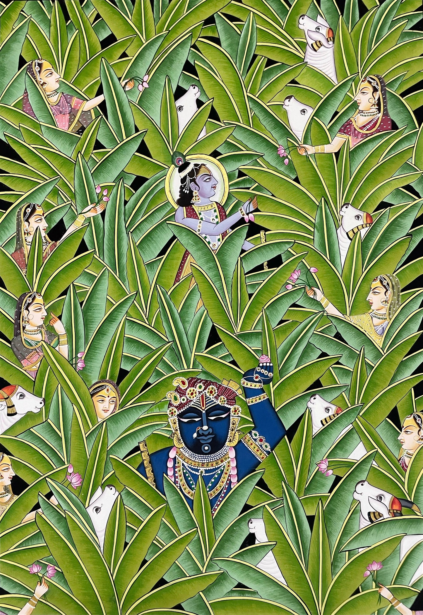 Shrinathji & Krishna in Banana Trees, Hand Painted Pichwai Painting, Home Decor, Wall Decor