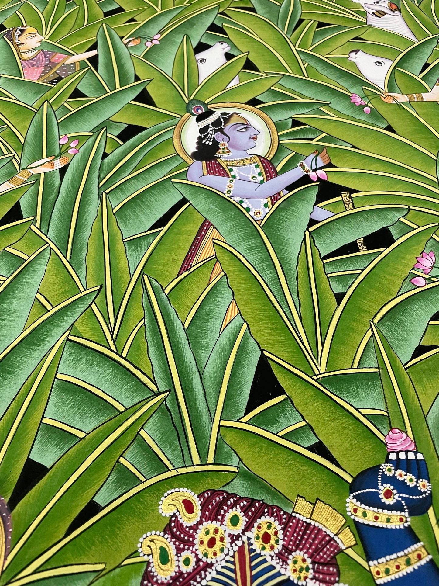 Shrinathji & Krishna in Banana Trees, Hand Painted Pichwai Painting, Home Decor, Wall Decor