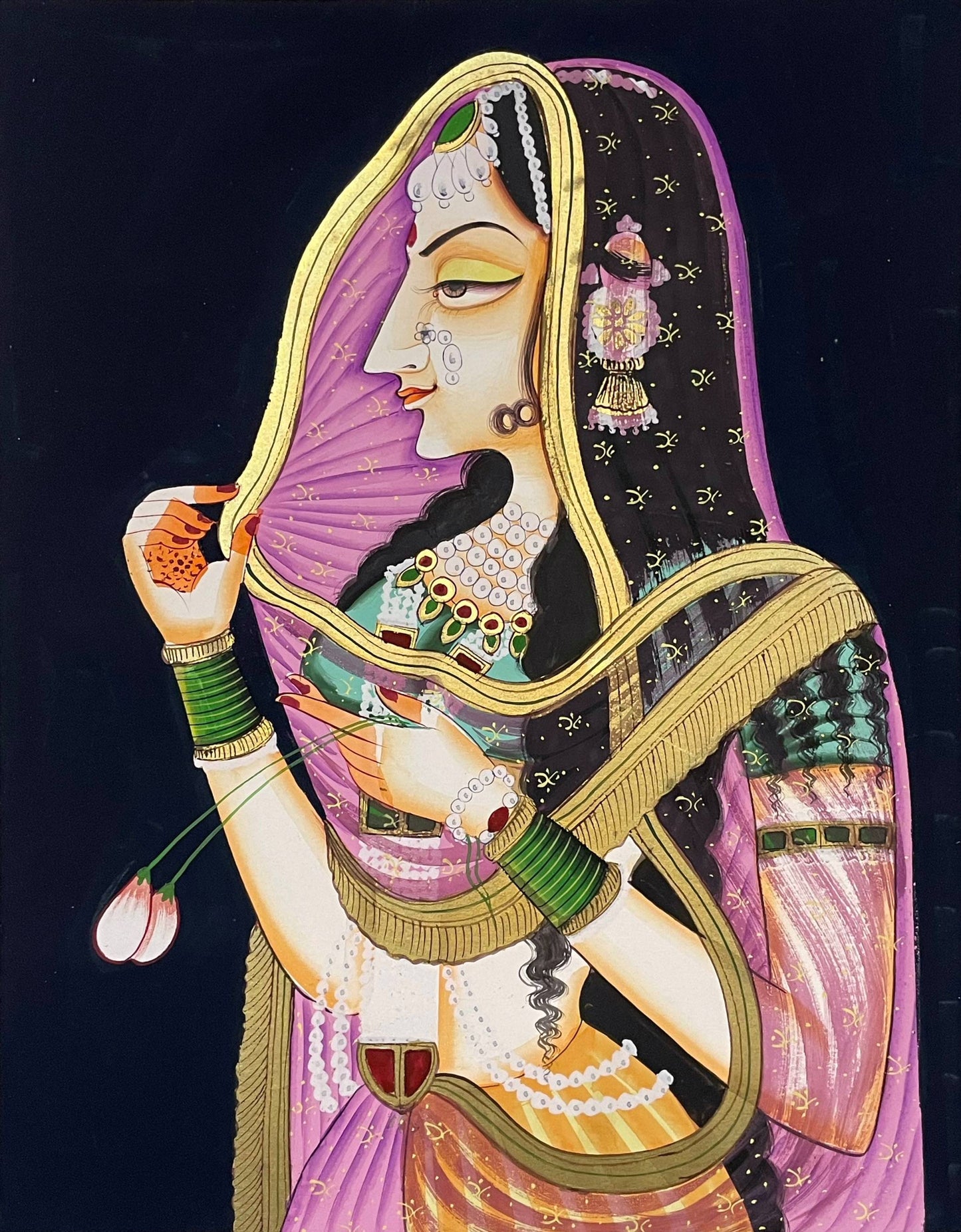Rajasthani Royal Lady with Lotus Flowers – Traditional Indian Miniature Painting | Framed