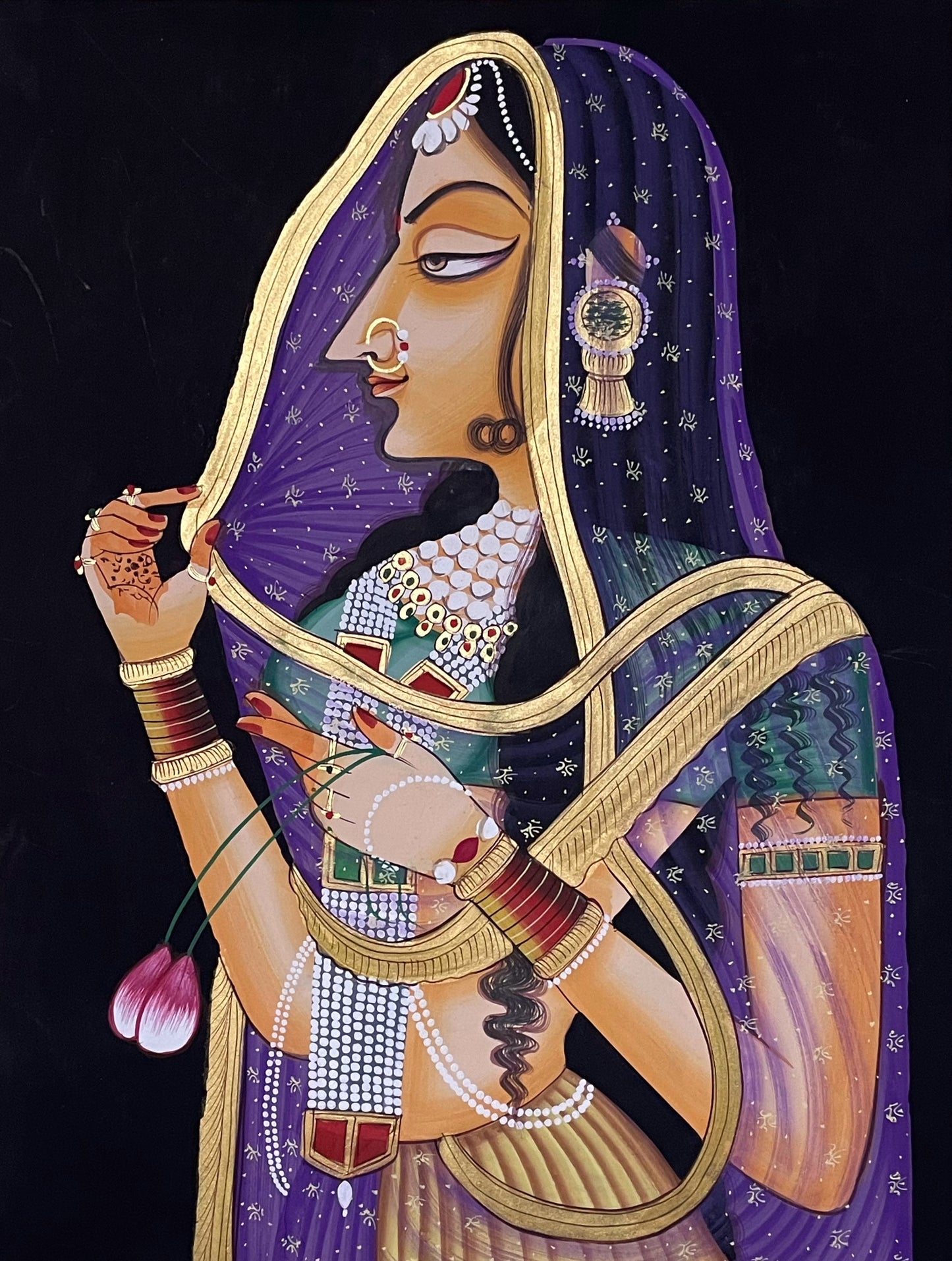 Rajasthani Royal Lady with Lotus Flowers – Traditional Indian Miniature Painting | Framed