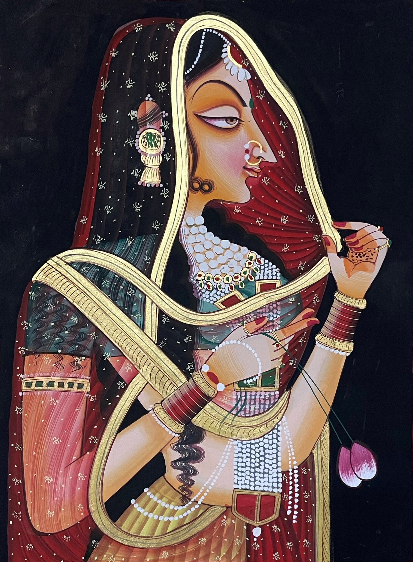 Rajasthani Royal Lady with Lotus Flowers – Traditional Indian Miniature Painting | Framed