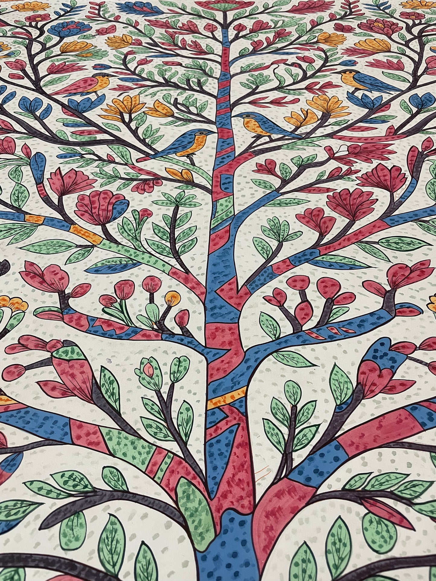 Tree of Life with Elephants and Birds – Traditional Indian Folk Art Painting on Cloth