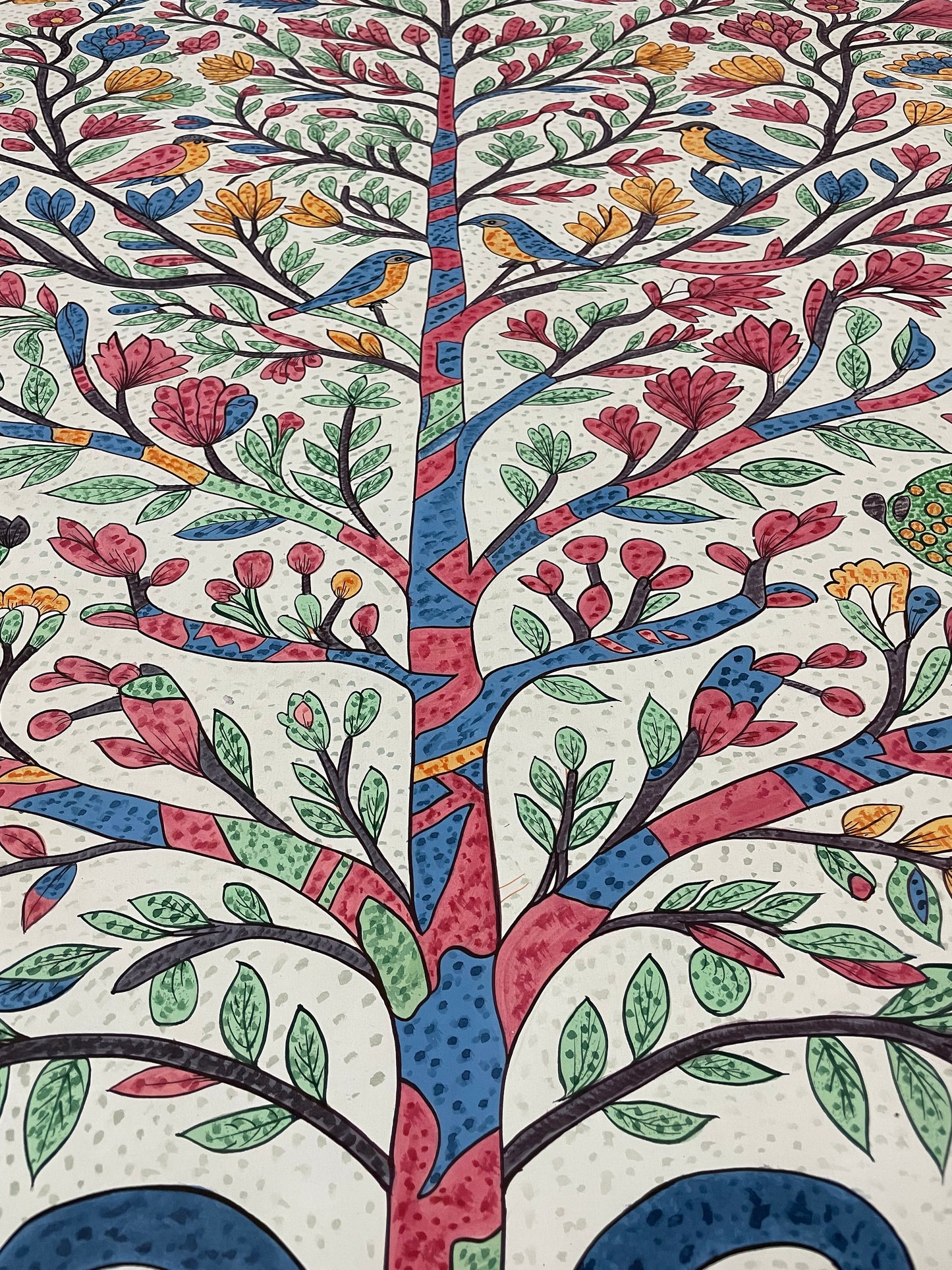 Tree of Life with Elephants and Birds – Traditional Indian Folk Art Painting on Cloth