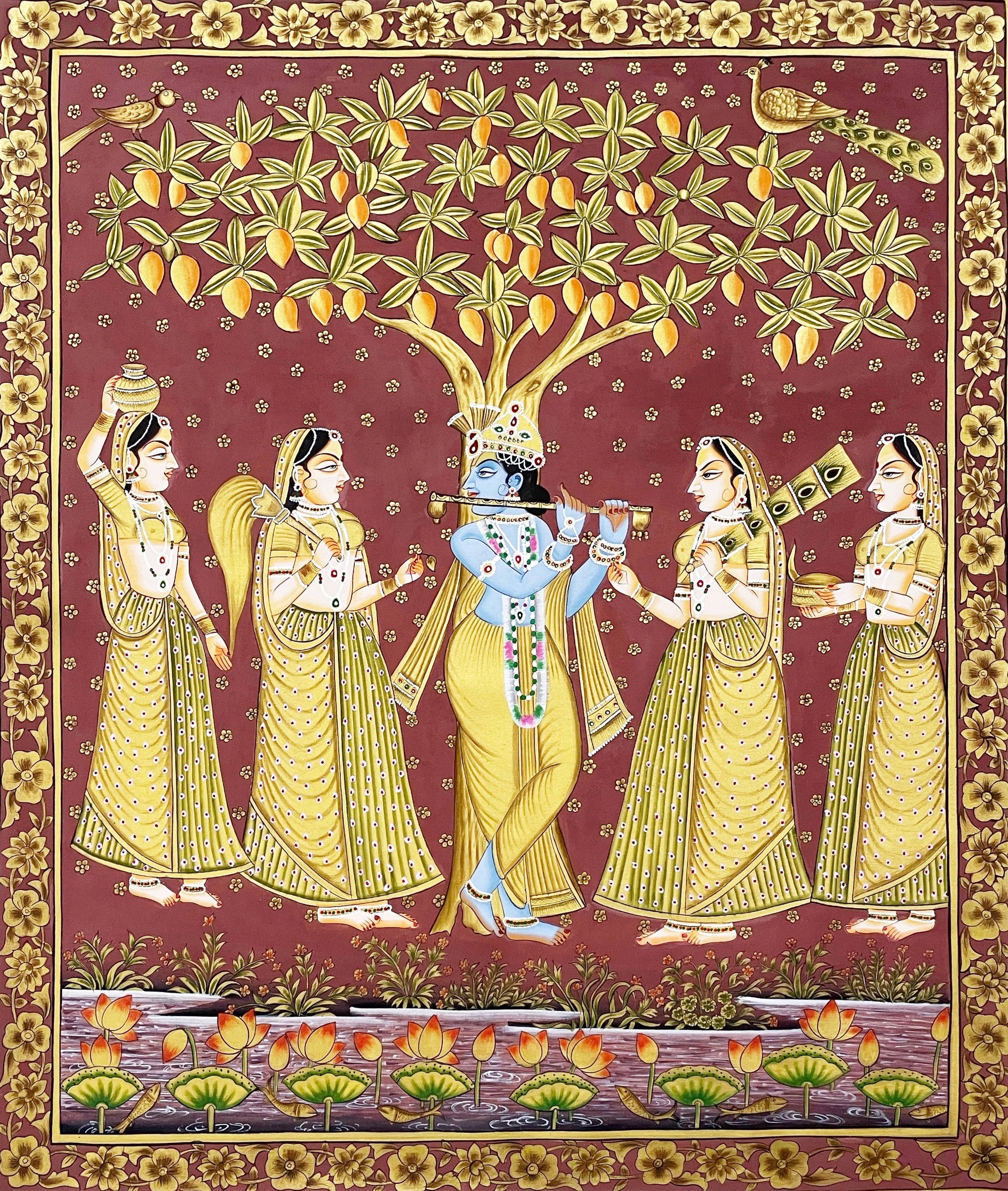 Radha Krishna Golden Detailed Pichwai Handmade Painting On Fabric with Lotus Background, Home Decor, Wall Decor - Jaipur Earth