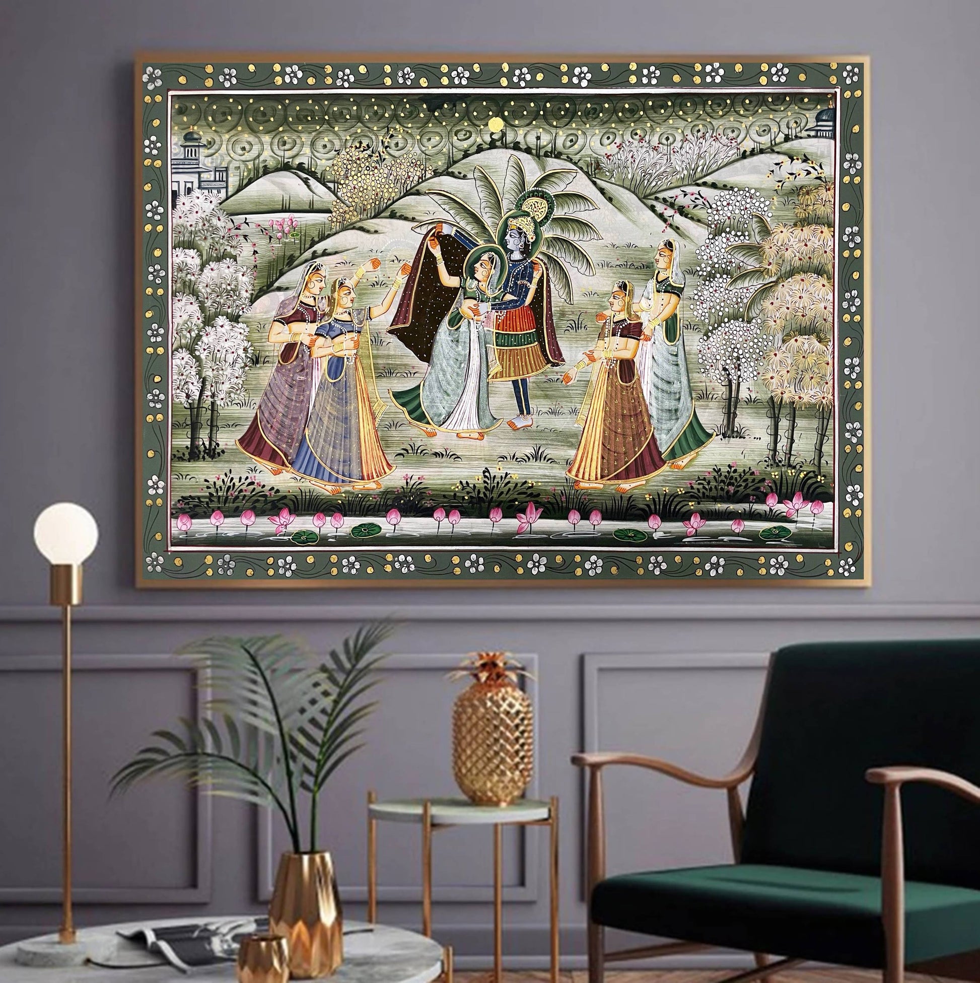 Radha Krishna Detailed Pichwai Handmade Painting on Fabric Krishna Painting, Wall art, Home Decor - Jaipur Earth