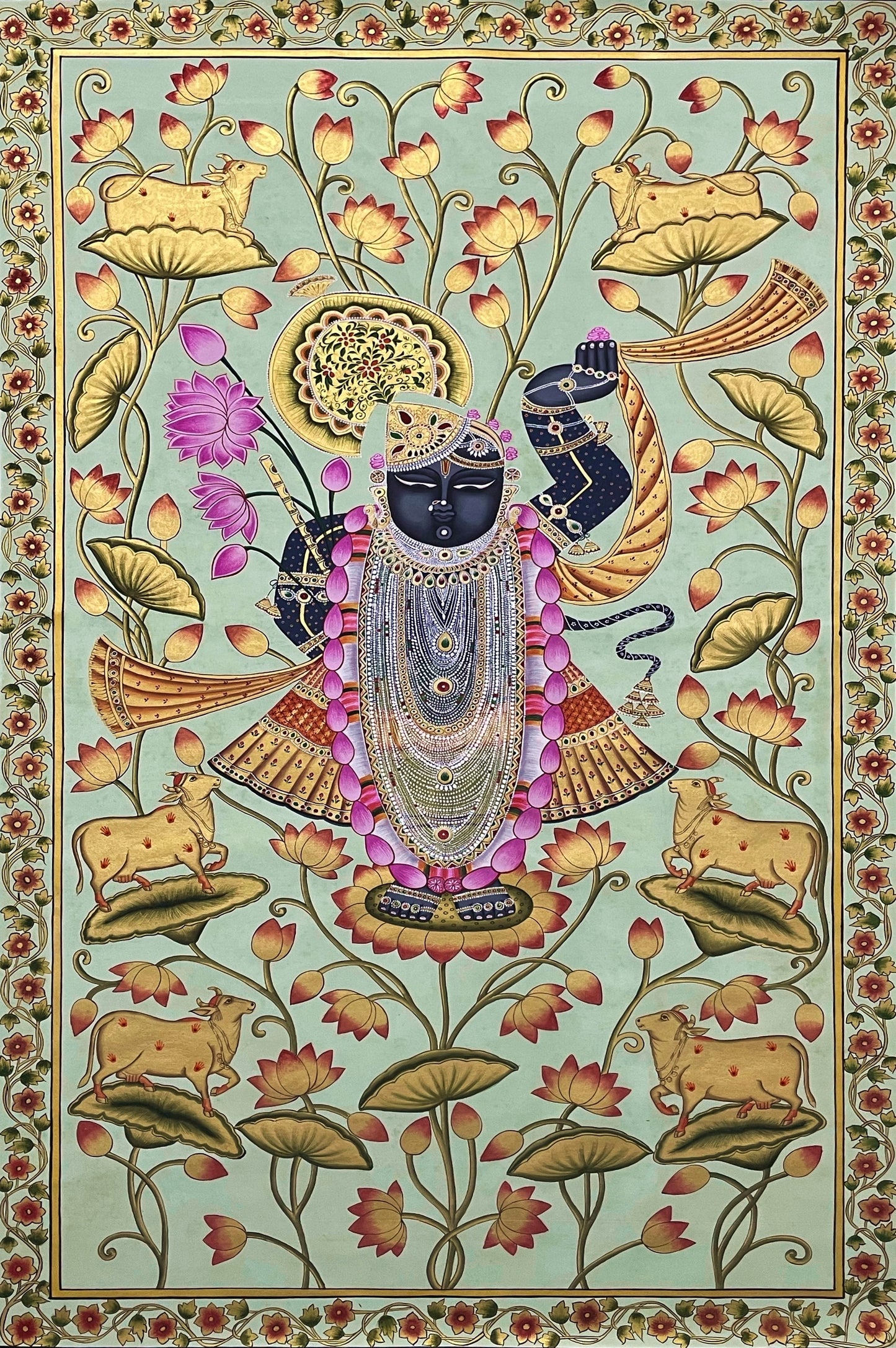 Shrinathji Pichwai Painting, Large Pichwai, Handmade Pichwai Art on cloth Indian Decor, Wall Art, Home Decor Gift