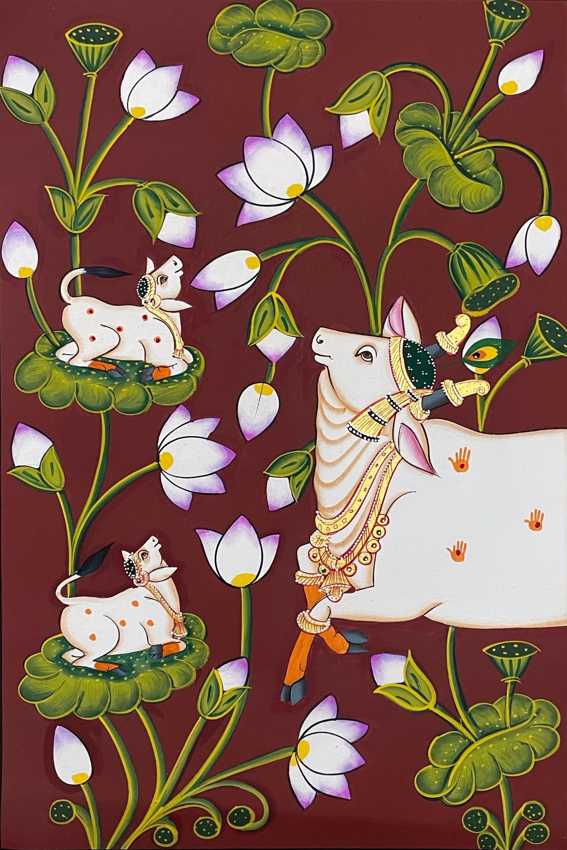 Pichwai Painting, Set of 3 Shrinathji and Cow Pichwai Painting, Modern Wall Decor Paintings, Hand Painted on Fabric, Home Decor - Unframed - Jaipur Earth