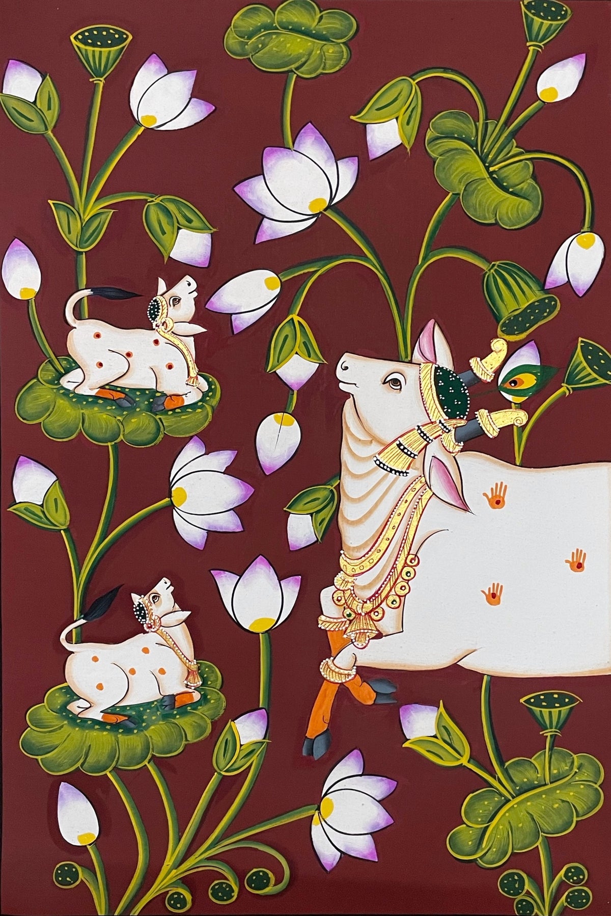 Framed Shrinathji Pichwai Painting Set of 3, Cow Pichwai Art, Hand Painted Fabric, Indian Home Decor