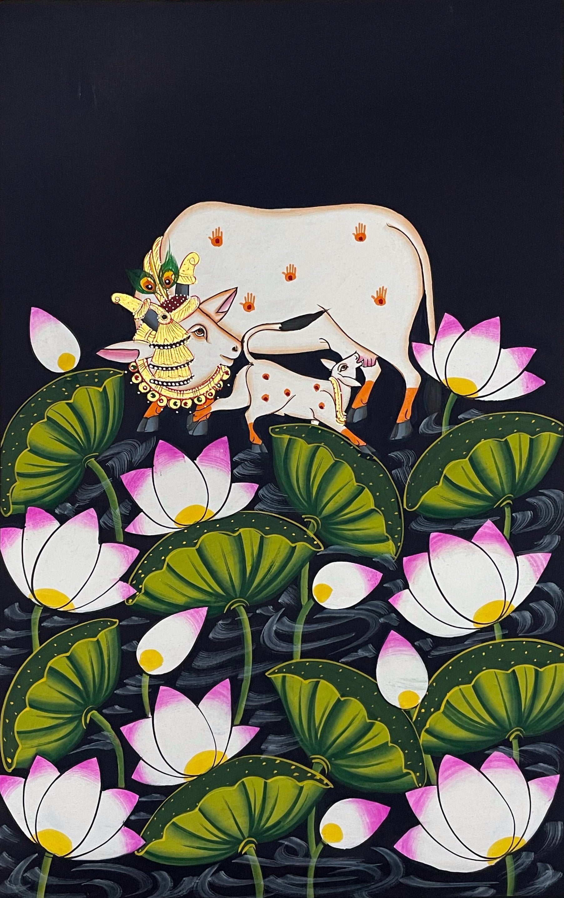 Pichwai Painting, Set of 3 Shrinathji and Cow Pichwai Painting, Modern Wall Decor Paintings, Hand Painted on Fabric, Home Decor - Jaipur Earth