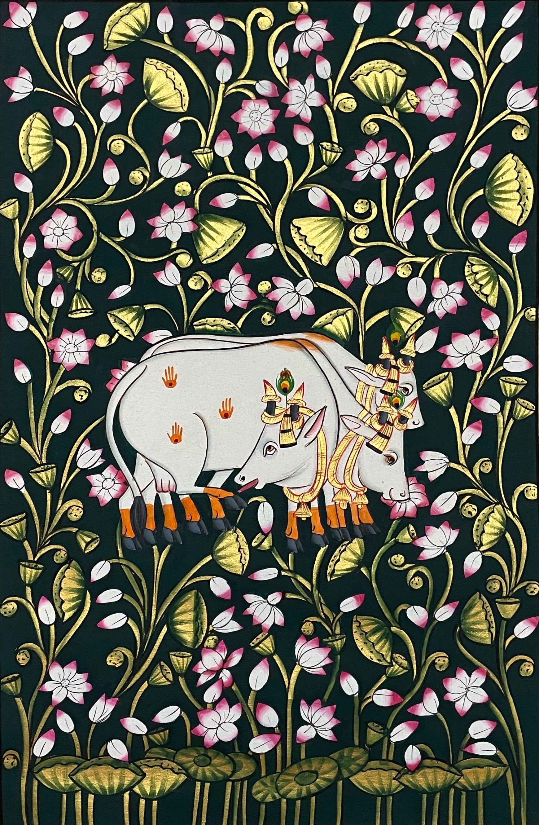 Pichwai Painting, Set of 3 Shrinathji and Cow Pichwai Painting, Modern Wall Decor Paintings, Hand Painted on Fabric, Home Decor - Jaipur Earth