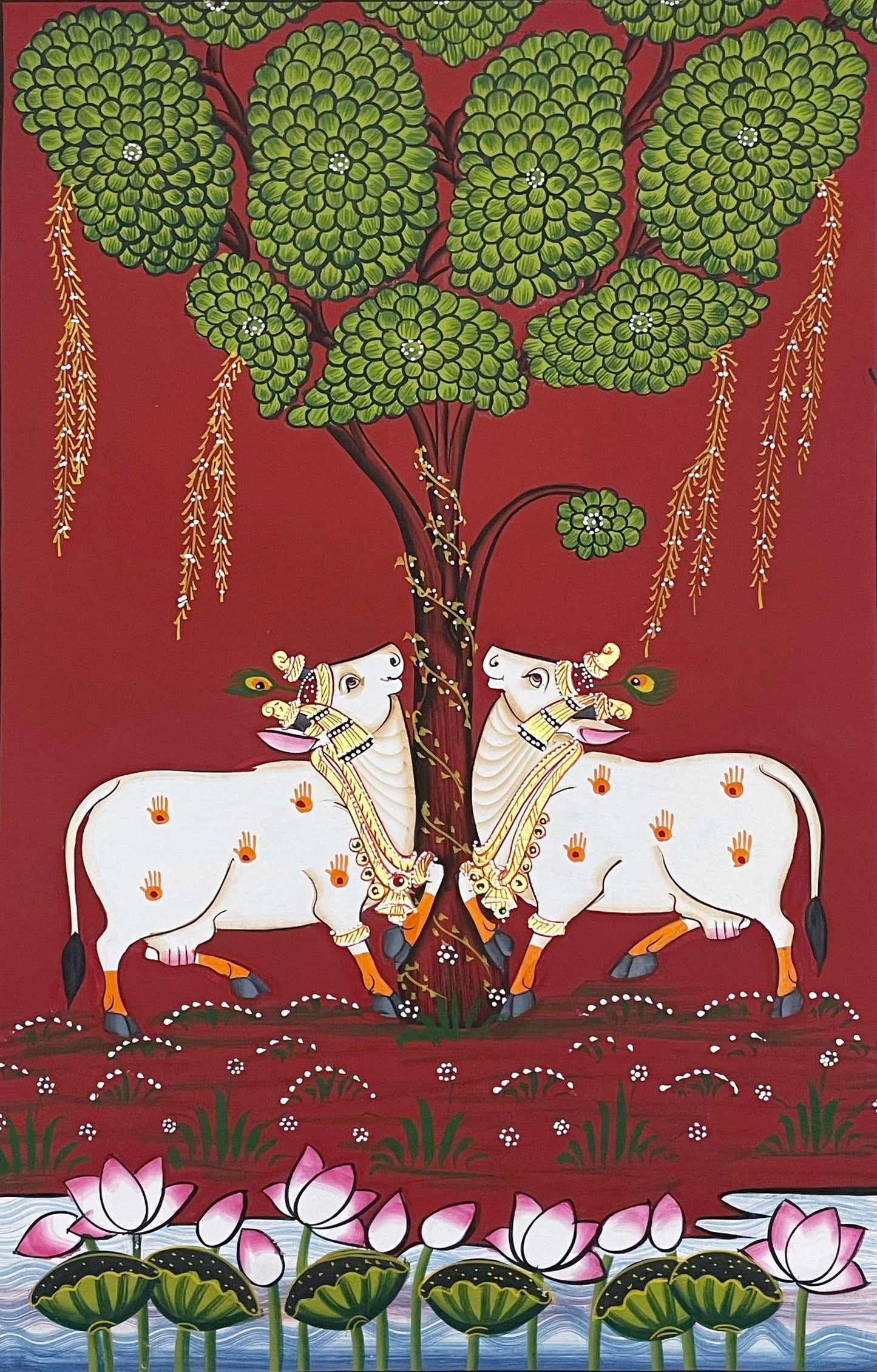 Pichwai Painting, Set of 3 Shrinathji and Cow Pichwai Painting, Modern Wall Decor Paintings, Hand Painted on Fabric, Home Decor - Unframed - Jaipur Earth