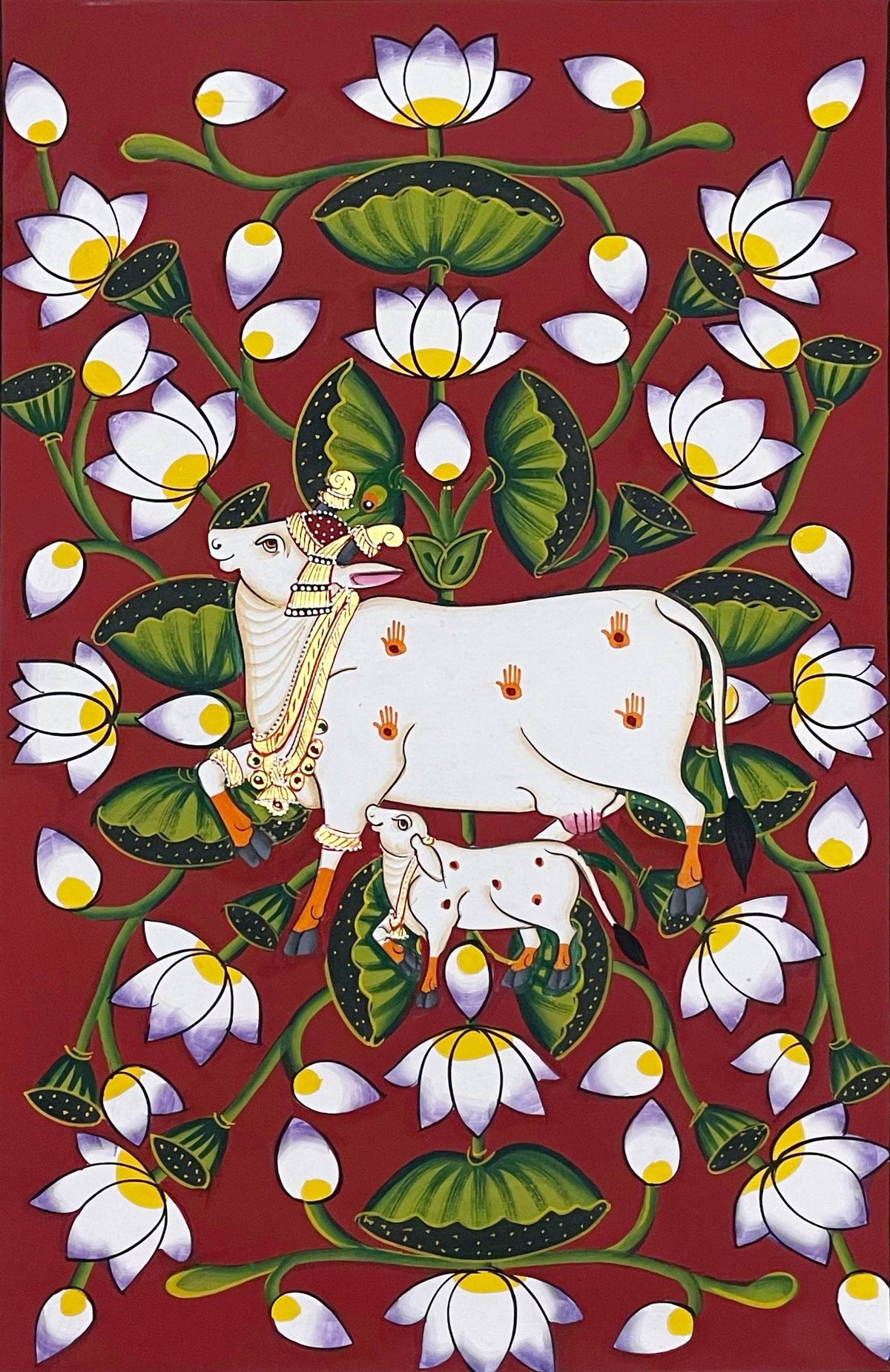 Framed Indian Pichwai Wall Art Set of 3, Shrinathji & Cow Paintings, Hand Painted Fabric, Luxury Home Decor
