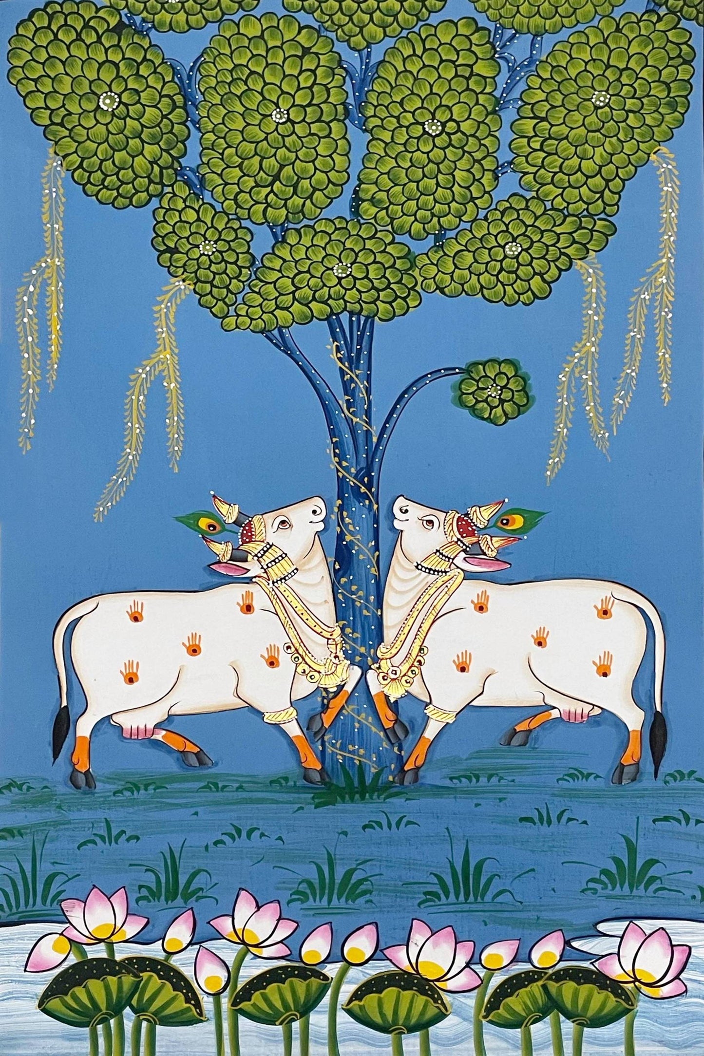 Pichwai Painting, Set of 3 Shrinathji and Cow Pichwai Painting, Modern Wall Decor Paintings, Hand Painted on Fabric, Home Decor - Unframed - Jaipur Earth