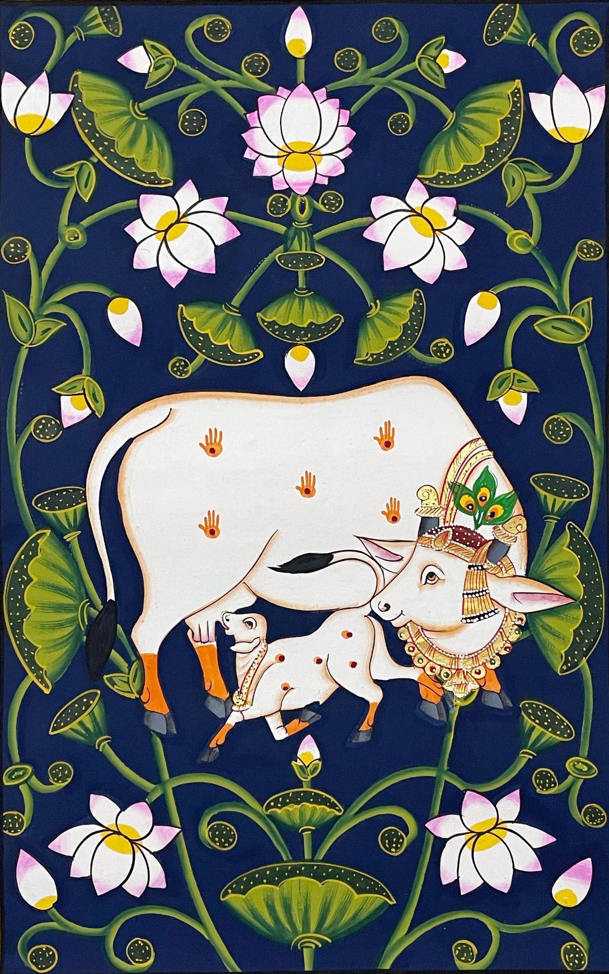 Framed Indian Pichwai Wall Art Set of 3, Shrinathji & Cow Paintings, Hand Painted Fabric, Luxury Home Decor