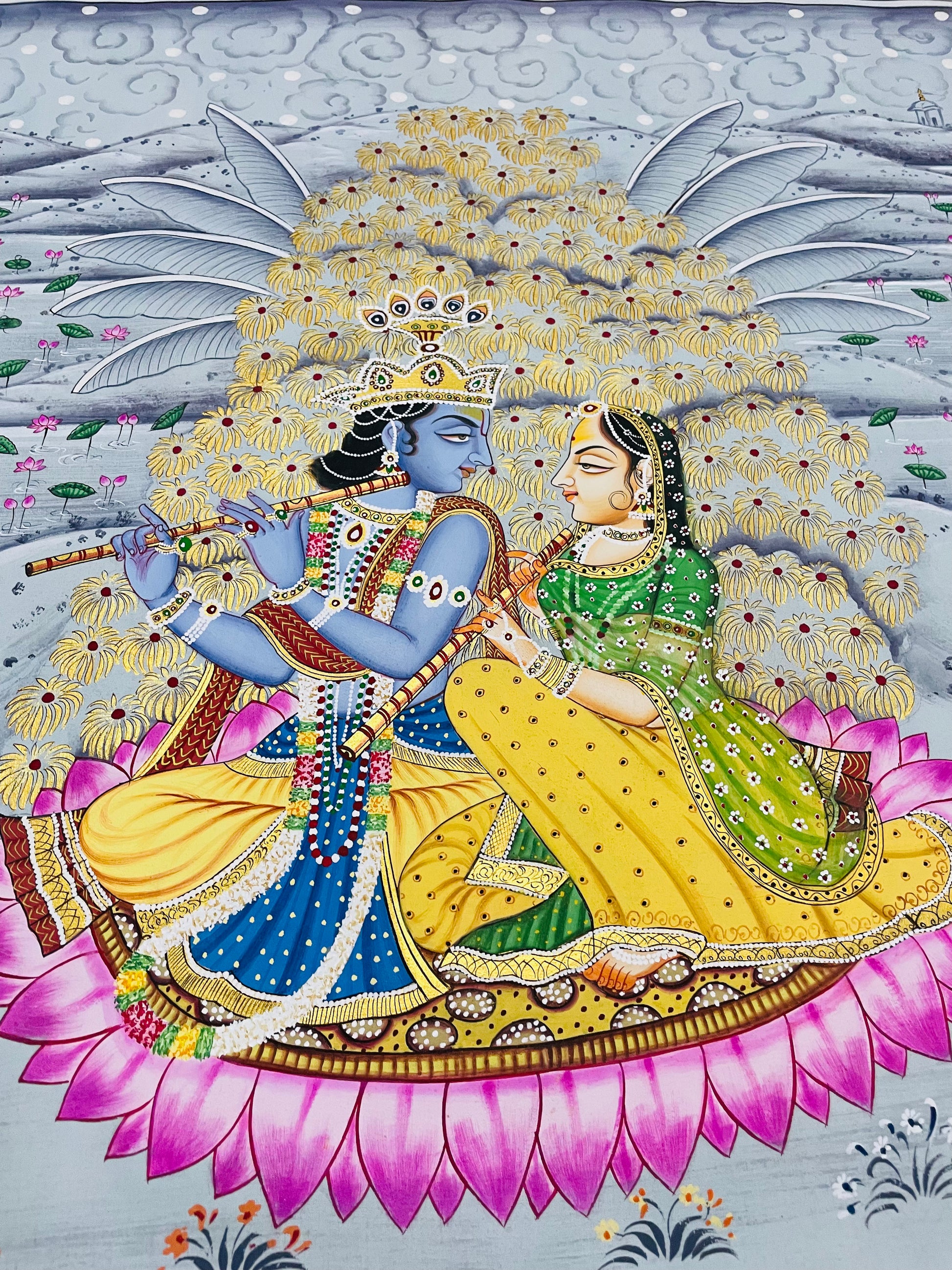 Radha Krishna Detailed Pichwai Handmade Painting on Fabric Krishna Painting, Wall art, Home Decor - Jaipur Earth