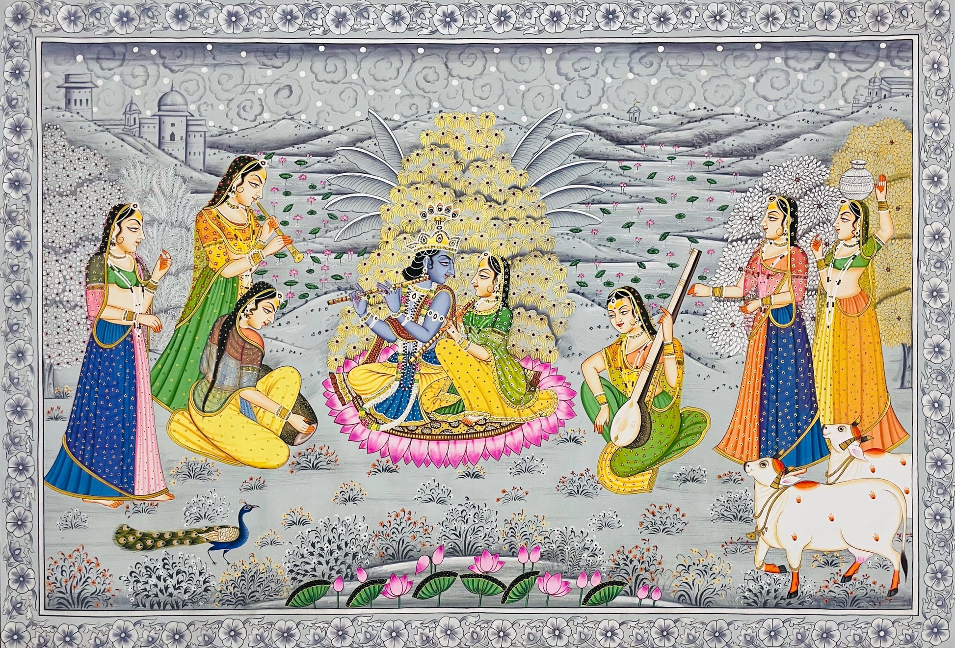 Radha Krishna Detailed Pichwai Handmade Painting on Fabric Krishna Painting, Wall art, Home Decor - Jaipur Earth