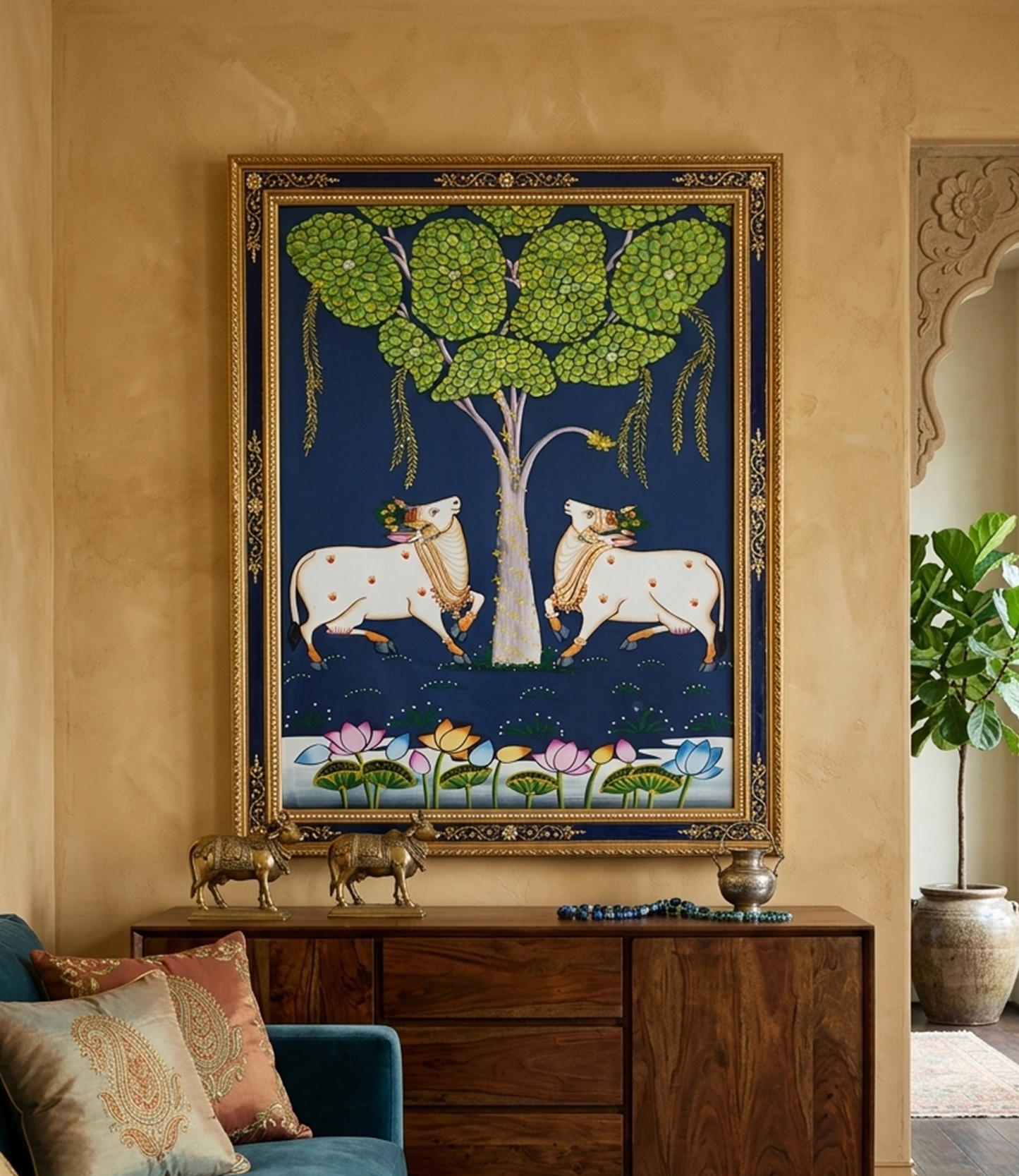 Pichwai Painting Of Cow, Detailed Traditional Indian Pichwai Painting For Home Decor, Wall Decor, Wall Art