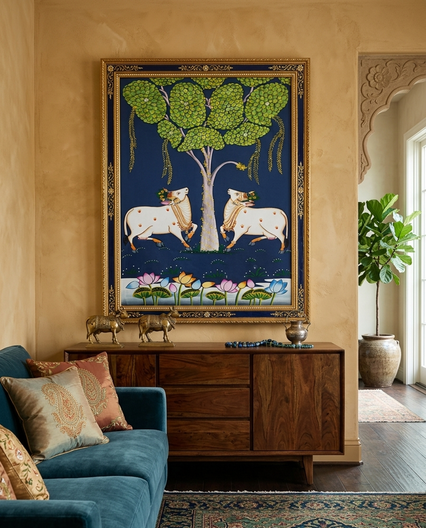 Pichwai Painting Of Cow, Detailed Traditional Indian Pichwai Painting For Home Decor, Wall Decor, Wall Art