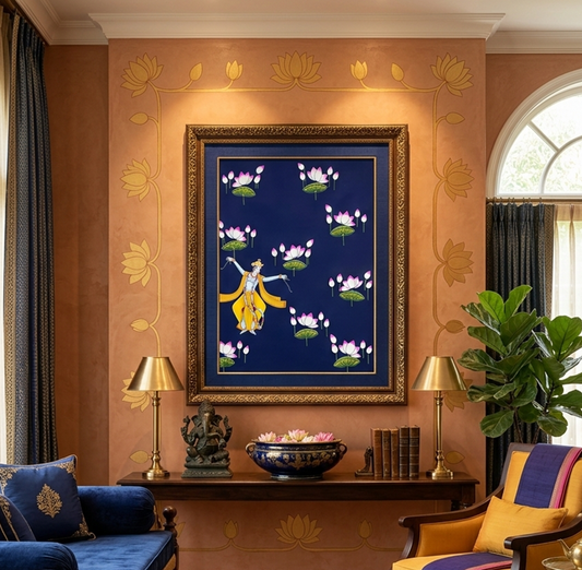 Dancing Krishna Pichwai Painting – Traditional Indian Krishna Wall Art | Handmade Religious Decor