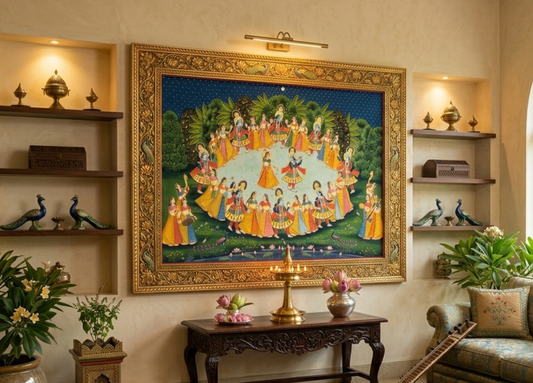 Radha Krishna Raasleela Pichwai Painting – Handmade Detailed Traditional Wall Art