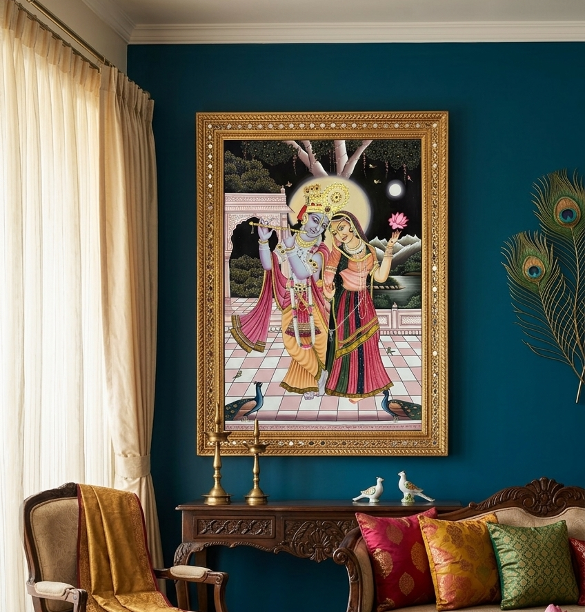 Radha Krishna Detailed Pichwai Handmade Painting, Traditional Nathdwara Art, Spiritual Indian Artwork, Luxury Home Decor