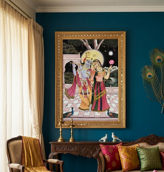 Radha Krishna Detailed Pichwai Handmade Painting, Traditional Nathdwara Art, Spiritual Indian Artwork, Luxury Home Decor