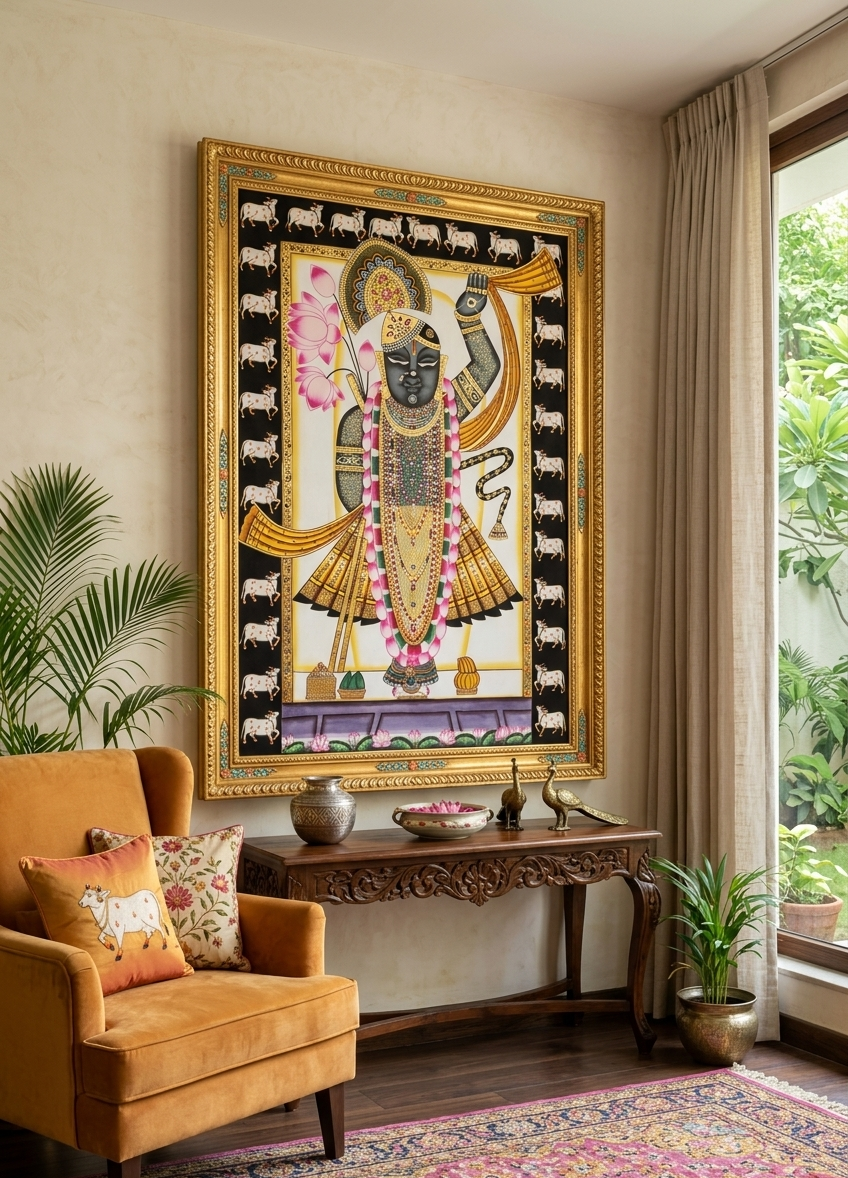 A vibrant Pichwai painting of Shreenathji is displayed in an elegantly decorated room, featuring intricate details and vivid colors.