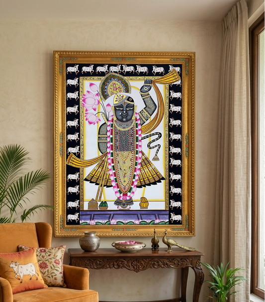Shrinathji Pichwai Painting, Cow Pichwai Art Handmade Natural Stone color on cloth Indian Decor Paintings, Home decor, Wall Decor