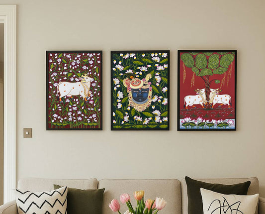 Pichwai Painting, Set of 3 Shrinathji and Cow Pichwai Painting, Modern Wall Decor Paintings, Hand Painted on Fabric, Home Decor - Unframed - Jaipur Earth