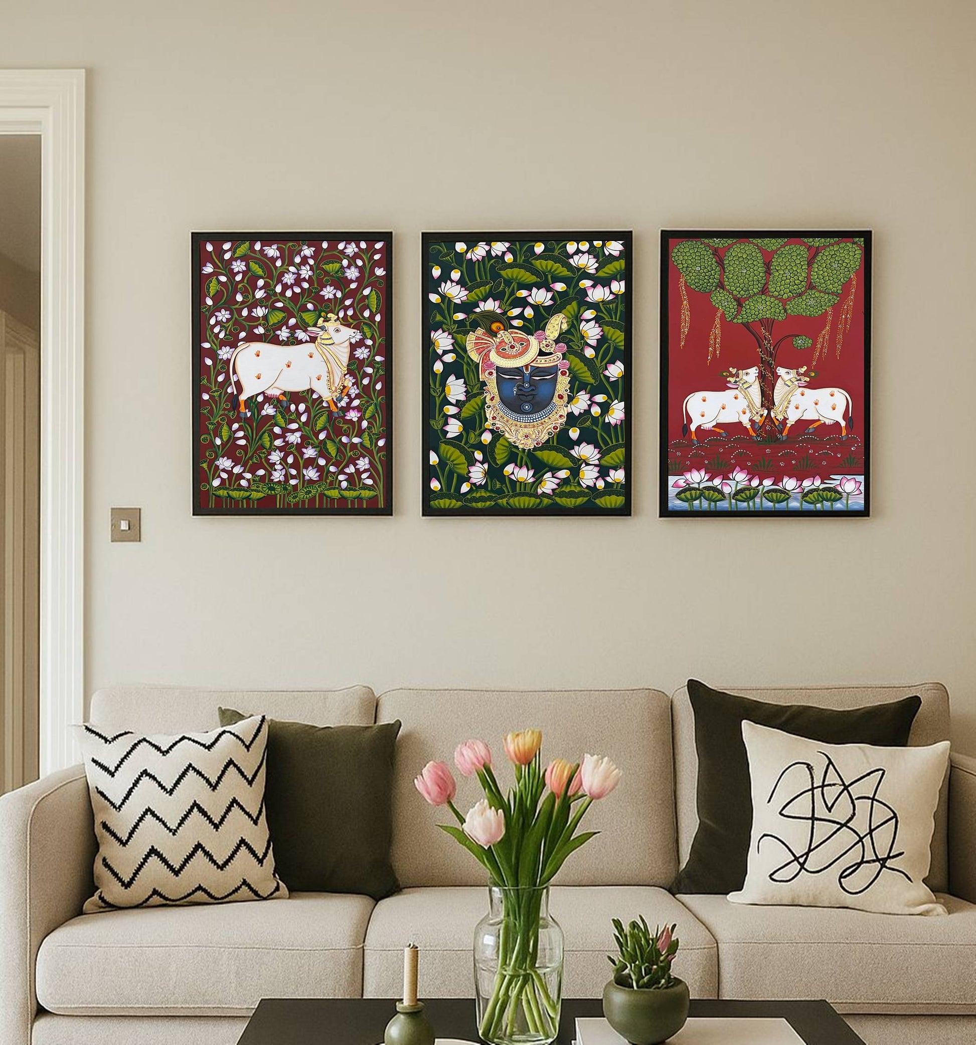 Pichwai Painting, Set of 3 Shrinathji and Cow Pichwai Painting, Modern Wall Decor Paintings, Hand Painted on Fabric, Home Decor - Unframed - Jaipur Earth