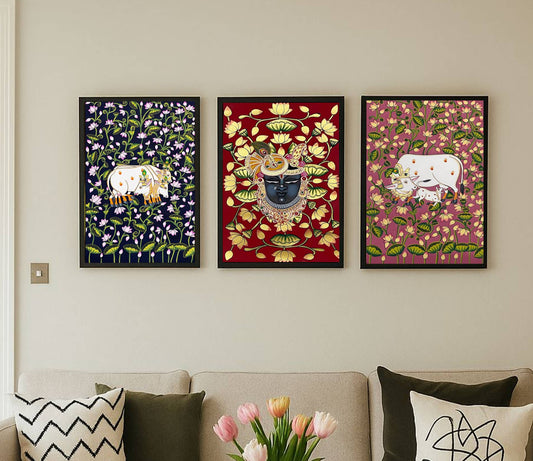 Pichwai Painting, Set of 3 Shrinathji and Cow Pichwai Painting, Modern Wall Decor Paintings, Hand Painted on Fabric, Home Decor - Unframed - Jaipur Earth