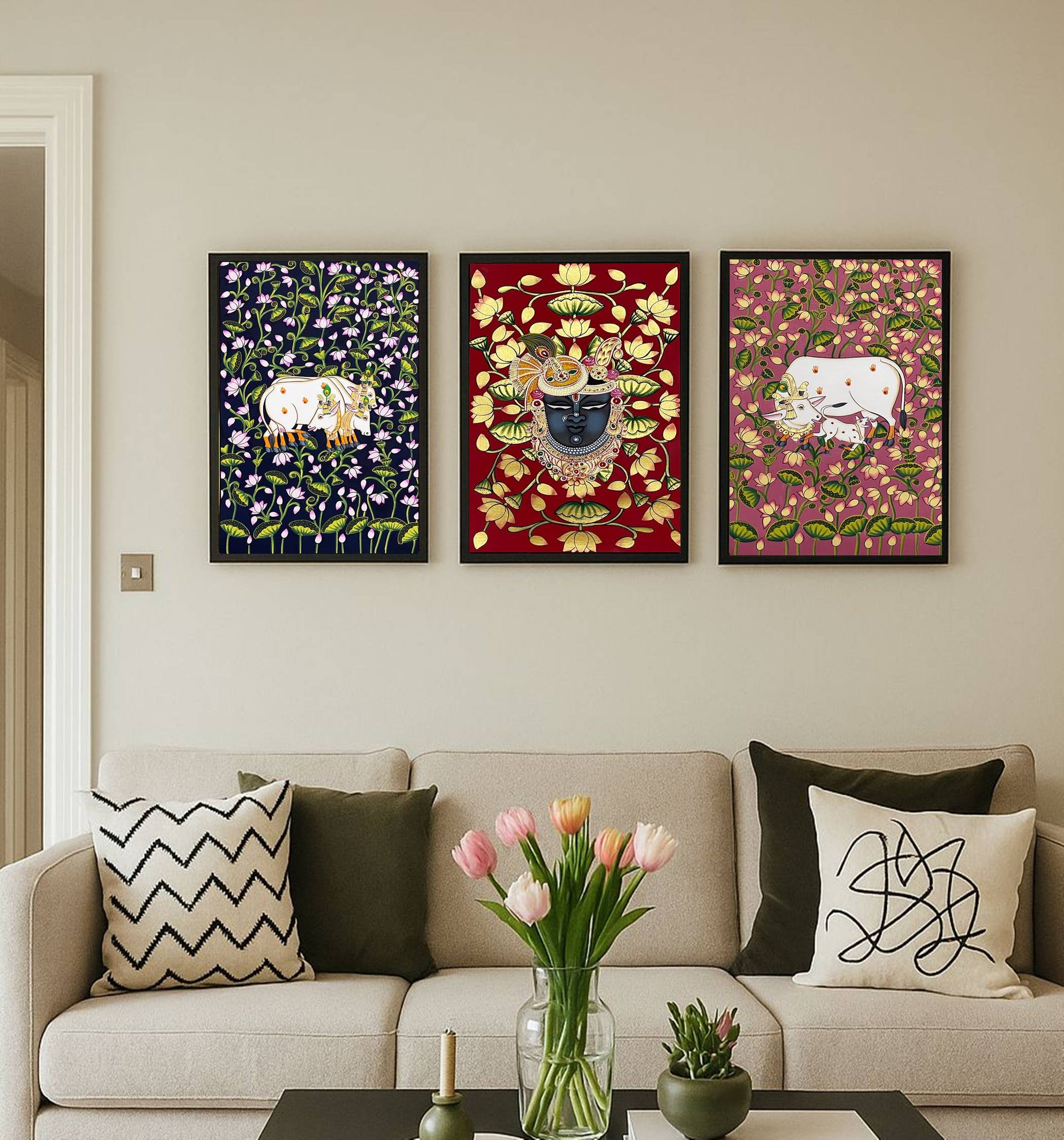 Pichwai Painting, Set of 3 Shrinathji and Cow Pichwai Painting, Modern Wall Decor Paintings, Hand Painted on Fabric, Home Decor - Unframed - Jaipur Earth