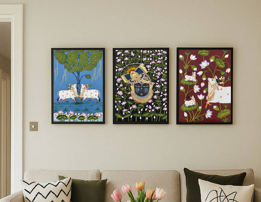 Pichwai Painting, Set of 3 Shrinathji and Cow Pichwai Painting, Modern Wall Decor Paintings, Hand Painted on Fabric, Home Decor - Unframed - Jaipur Earth