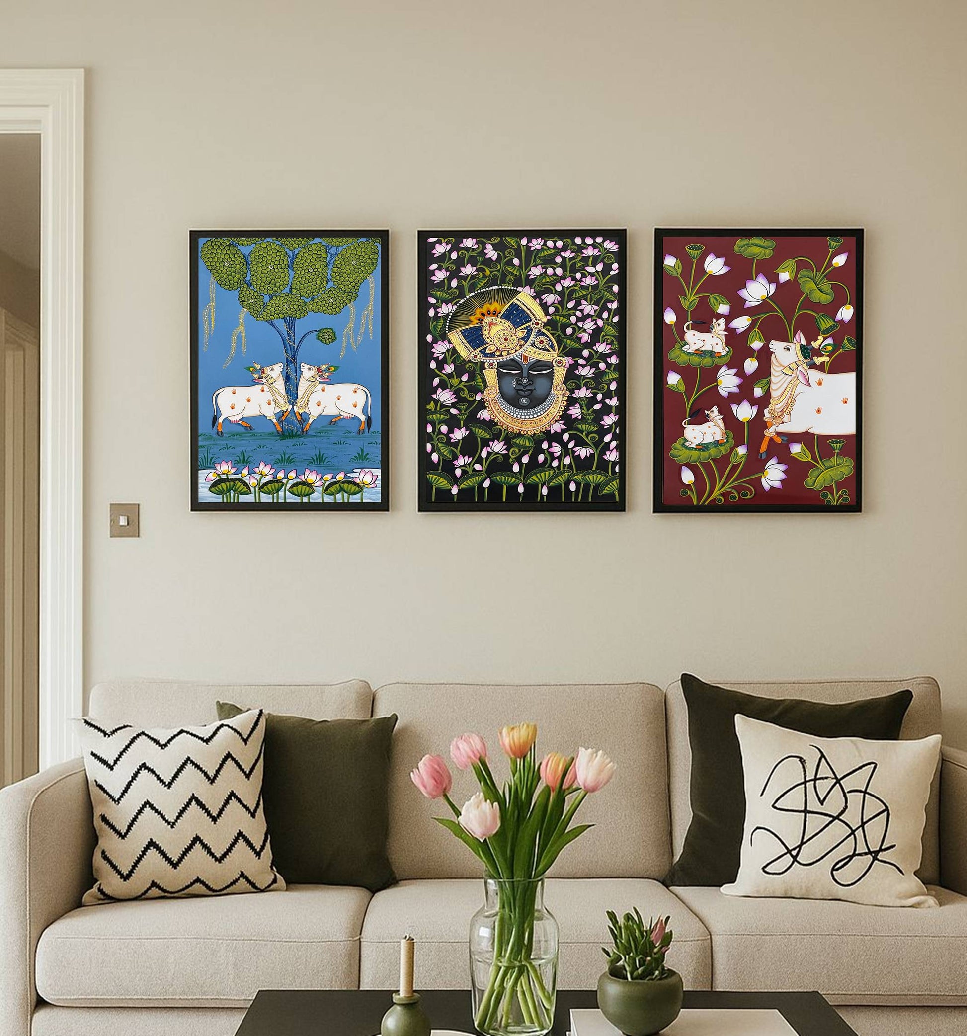 Pichwai Painting, Set of 3 Shrinathji and Cow Pichwai Painting, Modern Wall Decor Paintings, Hand Painted on Fabric, Home Decor - Unframed - Jaipur Earth