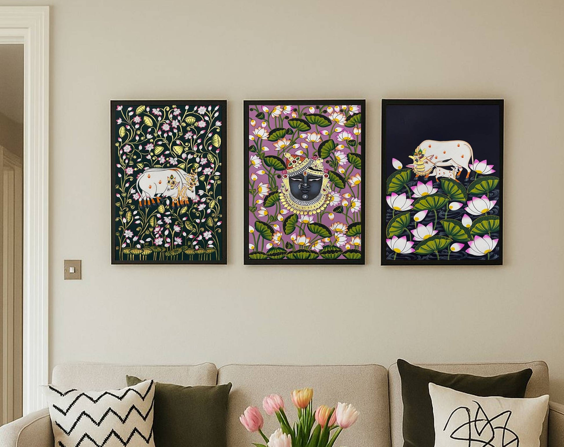 Pichwai Painting, Set of 3 Shrinathji and Cow Pichwai Painting, Modern Wall Decor Paintings, Hand Painted on Fabric, Home Decor - Jaipur Earth