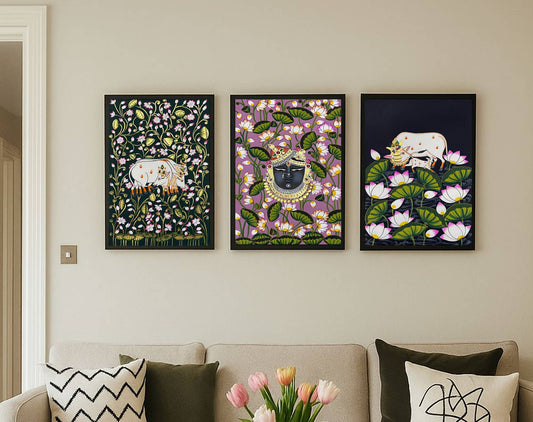 Pichwai Painting, Set of 3 Shrinathji and Cow Pichwai Painting, Modern Wall Decor Paintings, Hand Painted on Fabric, Home Decor - Jaipur Earth