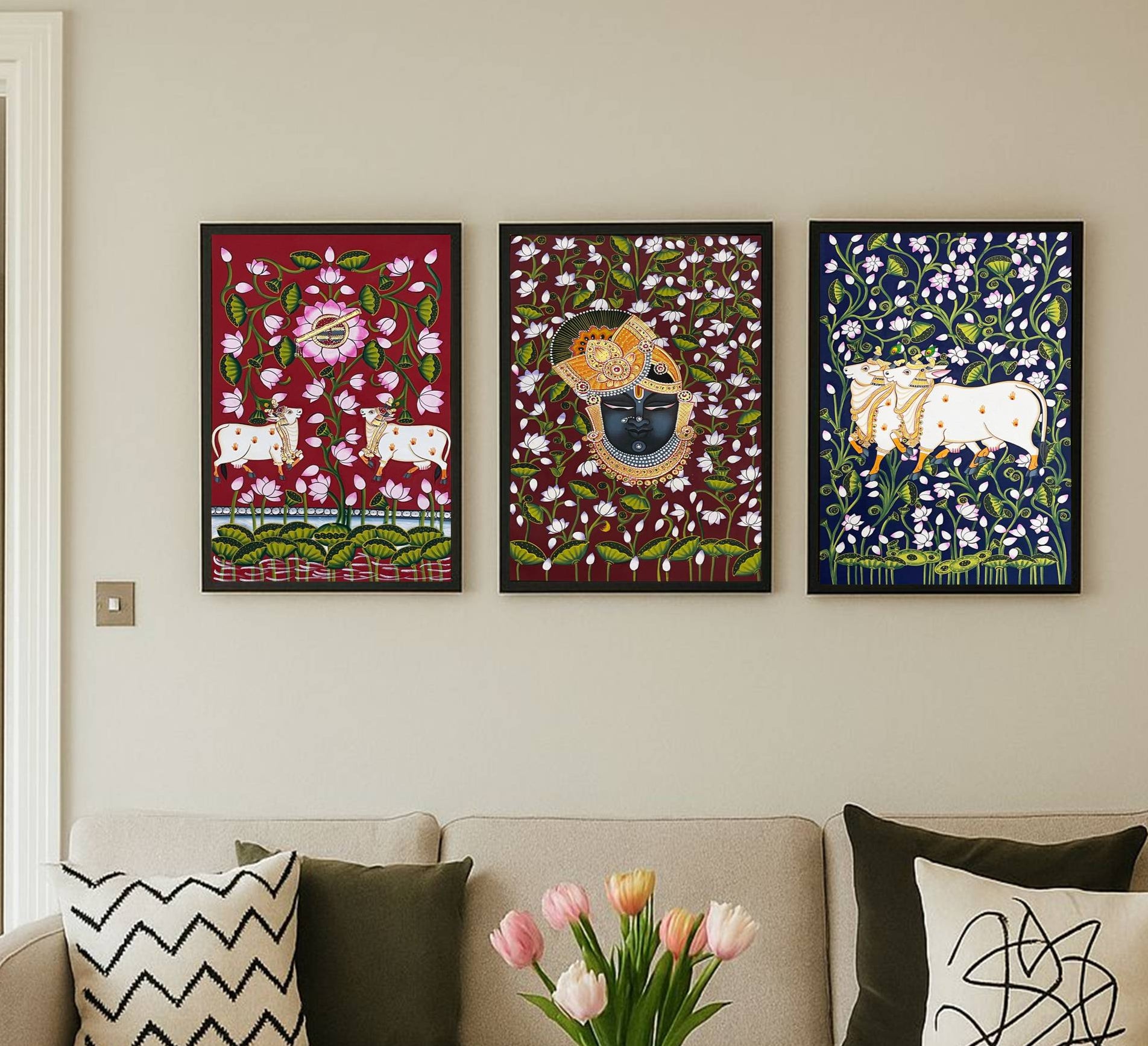 Pichwai Painting, Set of 3 Shrinathji and Cow Pichwai Painting, Modern Wall Decor Paintings, Hand Painted on Fabric, Home Decor - Unframed - Jaipur Earth