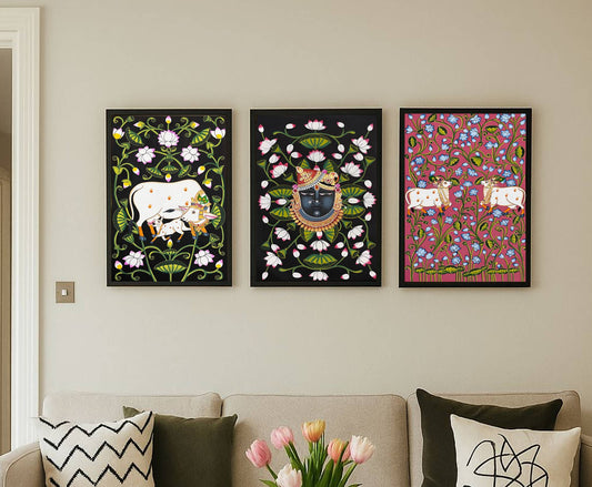 Pichwai Painting, Set of 3 Shrinathji and Cow Pichwai Painting, Modern Wall Decor Paintings, Hand Painted on Fabric, Home Decor - Unframed - Jaipur Earth