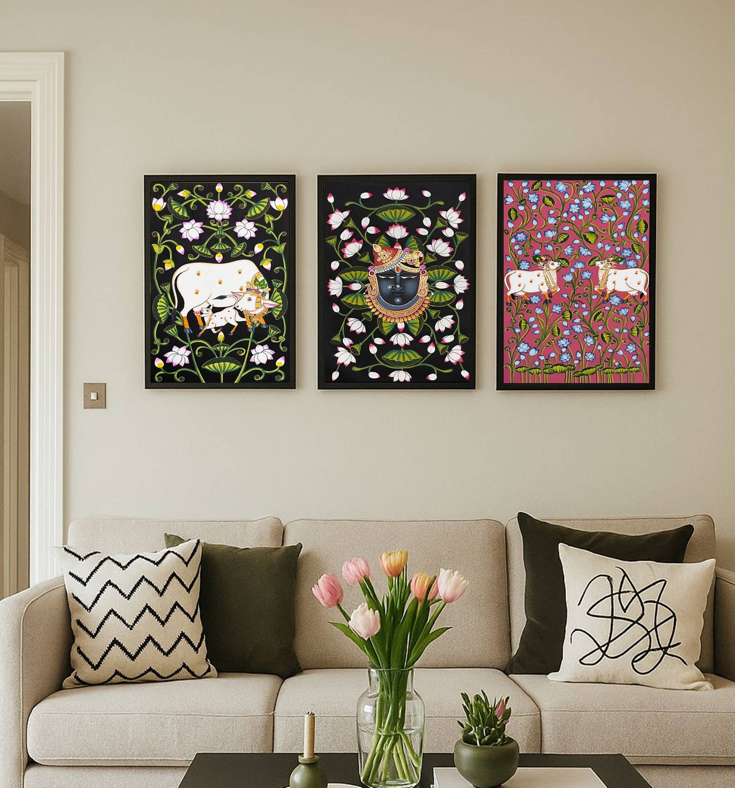 Pichwai Painting, Set of 3 Shrinathji and Cow Pichwai Painting, Modern Wall Decor Paintings, Hand Painted on Fabric, Home Decor - Unframed - Jaipur Earth