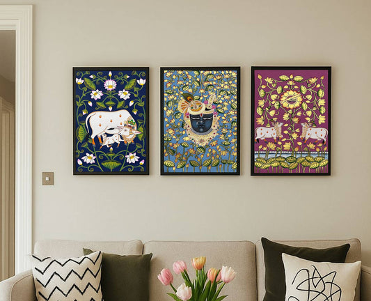 Pichwai Painting, Set of 3 Shrinathji and Cow Pichwai Painting, Modern Wall Decor Paintings, Hand Painted on Fabric, Home Decor - Unframed - Jaipur Earth