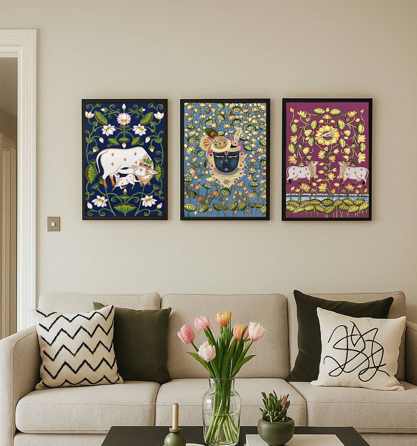 Pichwai Painting, Set of 3 Shrinathji and Cow Pichwai Painting, Modern Wall Decor Paintings, Hand Painted on Fabric, Home Decor - Unframed - Jaipur Earth