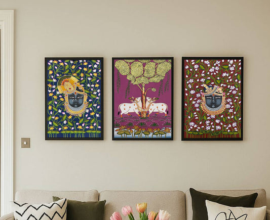Pichwai Painting, Set of 3 Shrinathji and Cow Pichwai Painting, Modern Wall Decor Paintings, Hand Painted on Fabric, Home Decor - Unframed - Jaipur Earth