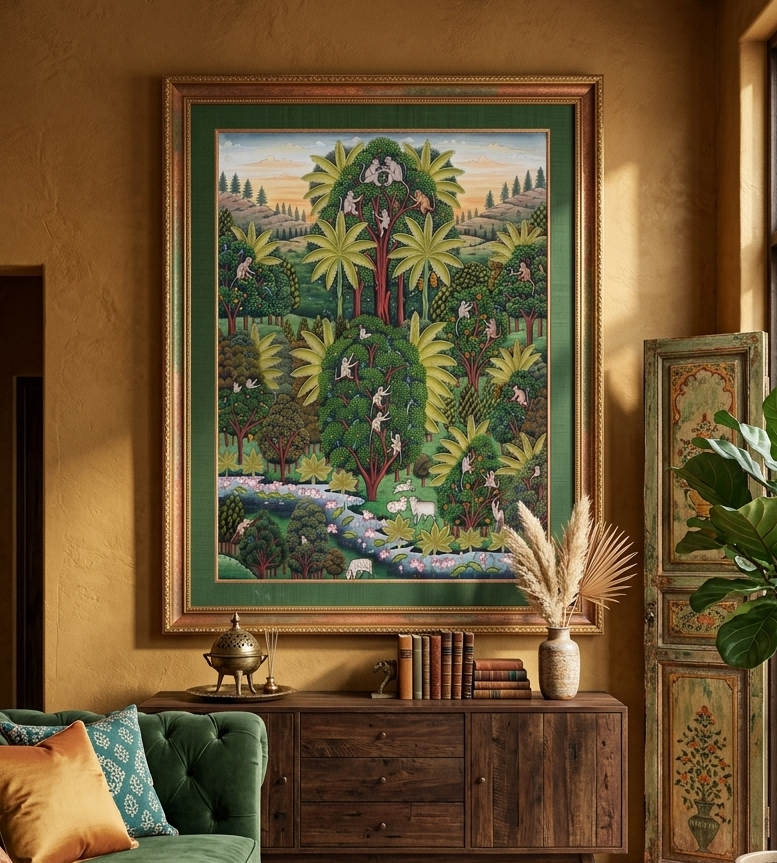 Traditional Jungle Pichwai Painting – Handmade Indian Forest Scene Art on Cloth, Nature Inspired Wall Decor