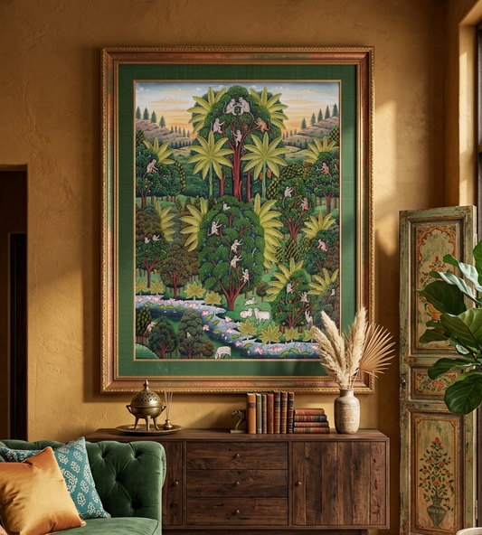 Traditional Jungle Pichwai Painting – Handmade Indian Forest Scene Art on Cloth, Nature Inspired Wall Decor