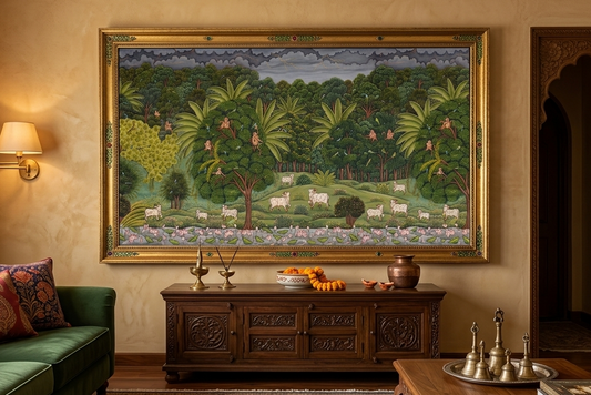Jungle Theme Pichwai Painting – Handmade Traditional Nathdwara Forest Art, Animal & Nature Pichwai for Wall Decor