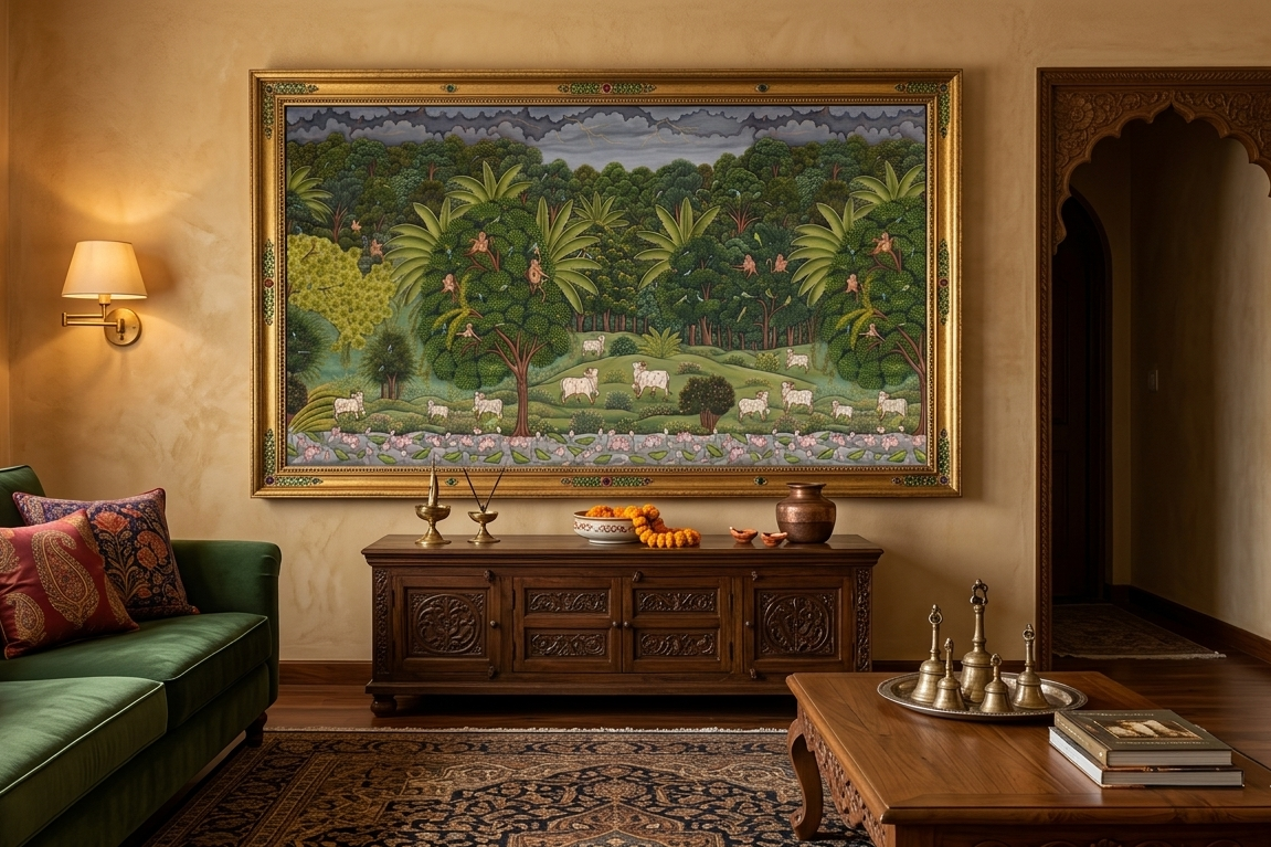 Jungle Theme Pichwai Painting – Handmade Traditional Nathdwara Forest Art, Animal & Nature Pichwai for Wall Decor