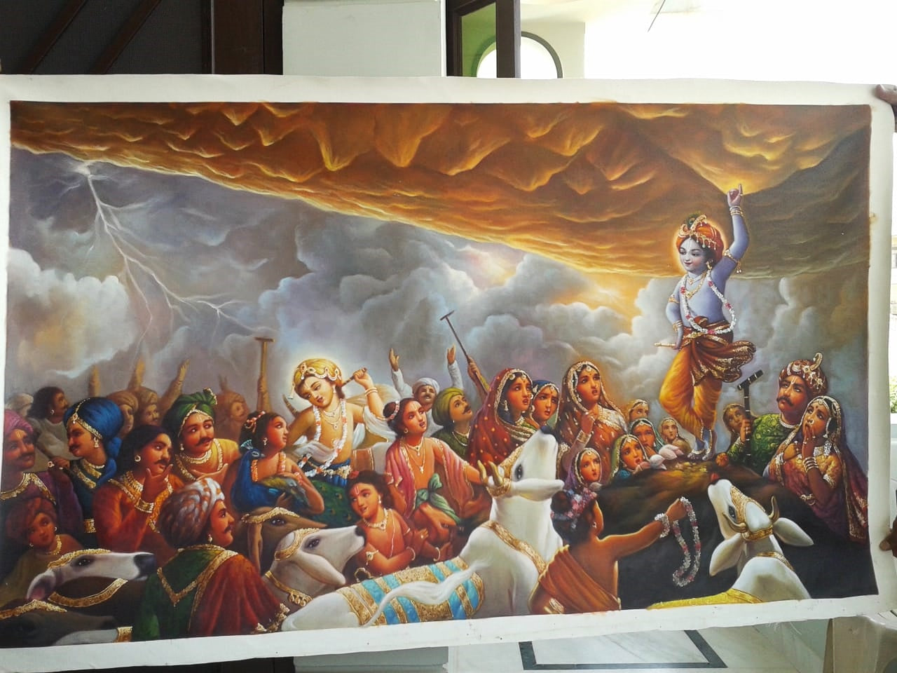 Krishna Lifting Mount Govardhan Handmade oil Painting On Canvas, Large Original Krishna Childhood Scene Wall Hanging Home Decorative Art
