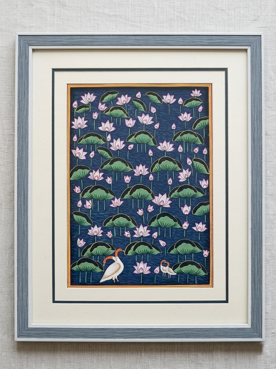 Lotus Pond Pichwai Painting – Traditional Indian Wall Art, Handcrafted Pichwai Decor, Framed Ethnic Home Decoration