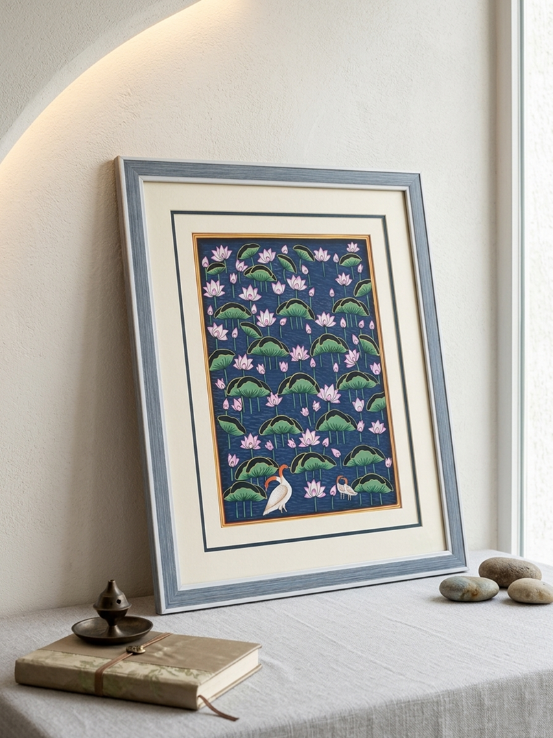 Lotus Pond Pichwai Painting – Traditional Indian Wall Art, Handcrafted Pichwai Decor, Framed Ethnic Home Decoration