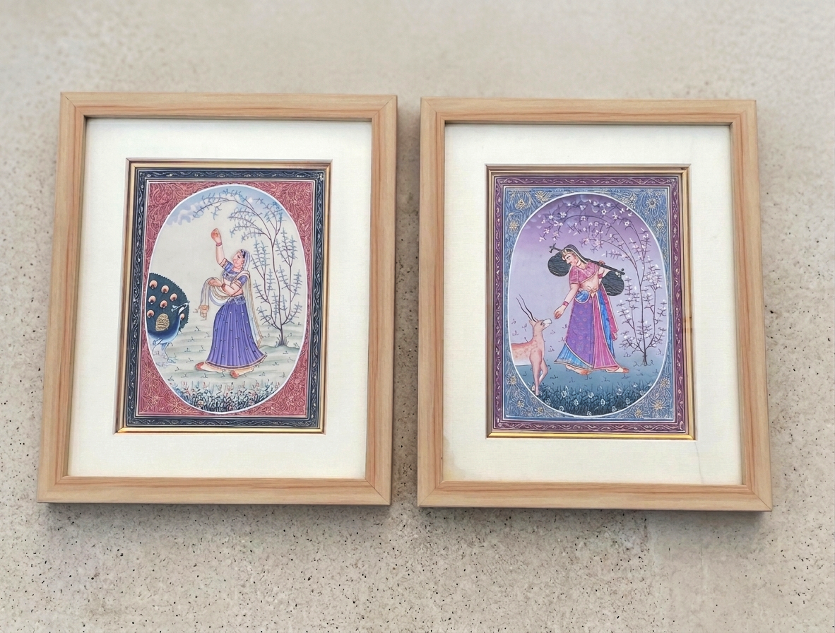 Hand Painted Miniature Painting Set of Royal Ladies – Traditional Indian Rajasthani Artwork, Framed Ethnic Wall Décor